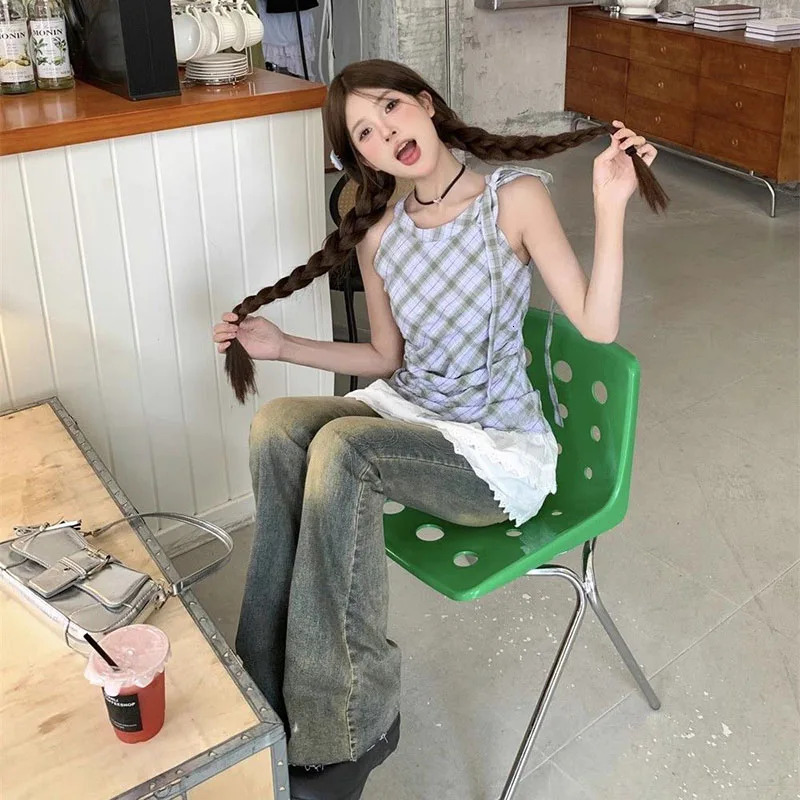 Fashion Two piece Long Vest Womens Sweet and Cute Ruffle Patch Work Top Womens Retro Plain Strapless Vest Summer 250427