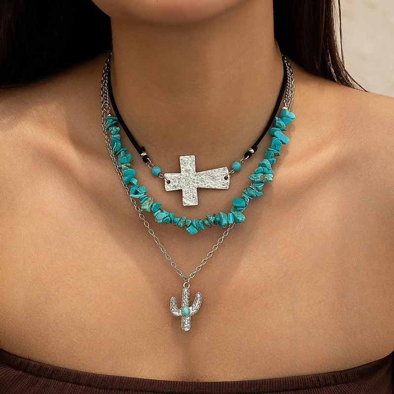 Exquisite jewelry vintage turquoise necklace niche bead necklace set ethnic style cactus necklace gift 250428