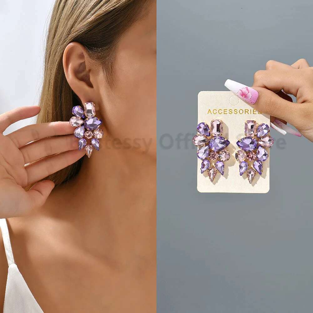 Purple Collection Fashion Crystal Drop Dangle Earrings For Women Designer Trendy Heart Petals Round Pendant Party Jewelry