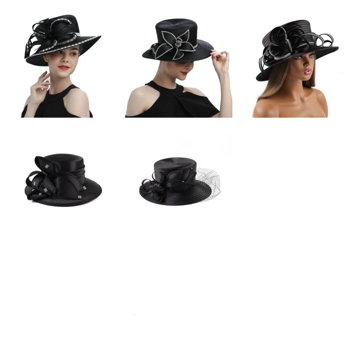Premium Fancy Black Satin Cloth Church Hat Formal Pography Hats Chains Fashion Flower Wedding Top Hat for Women Ladies Girls 250430