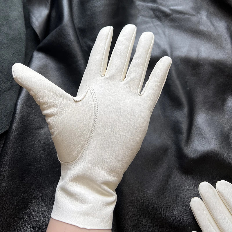 White leather womens sheepskin lace gloves without lining single-layer skin sunscreen fashionable driving gloves 250430