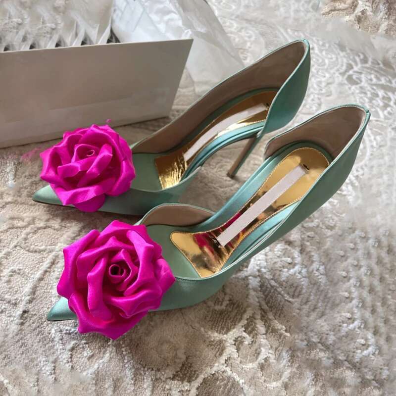 Spring and summer new pointed side empty satin rose flower single shoes thin high-heeled banquet dress versatile women's sandals