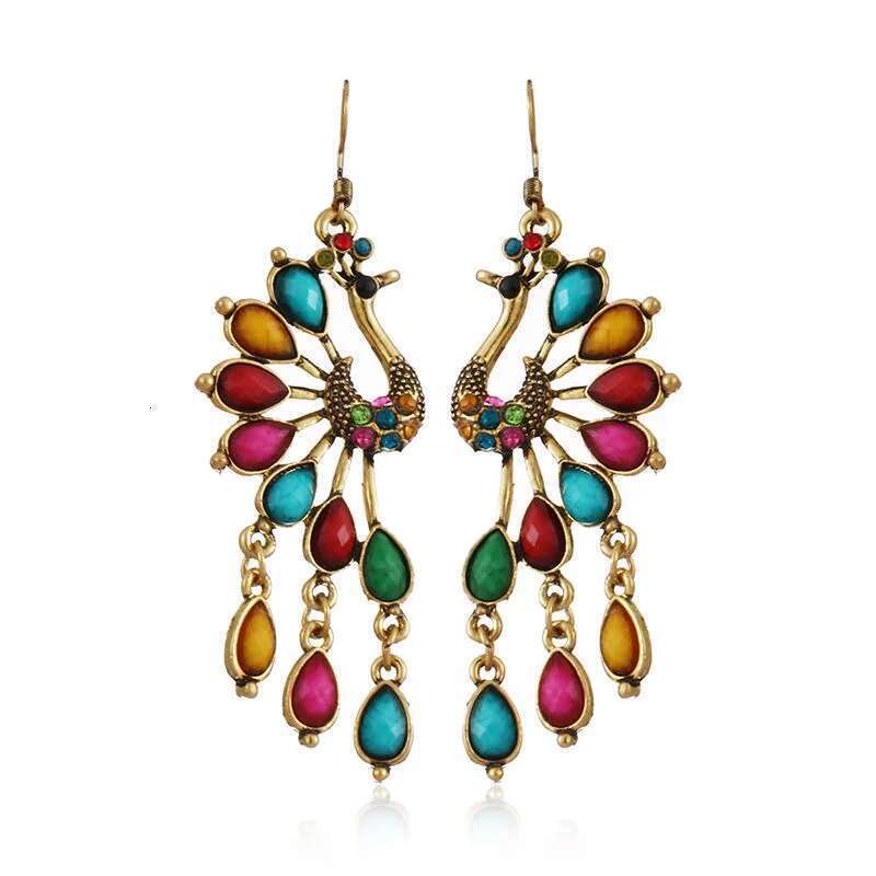 Vintage Bohemian Pea For Women Boho Antique Gold Color Multicolor Rhinestone Ethnic Resin Dangle Earrings
