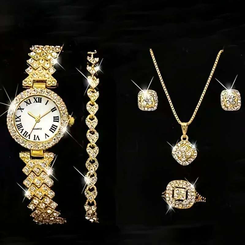 Fashion Full Crystal 5 Pcs Watch Necklace Earrings Ring For Women Rhinestone Wristwatch Female Bracelet Set Gift