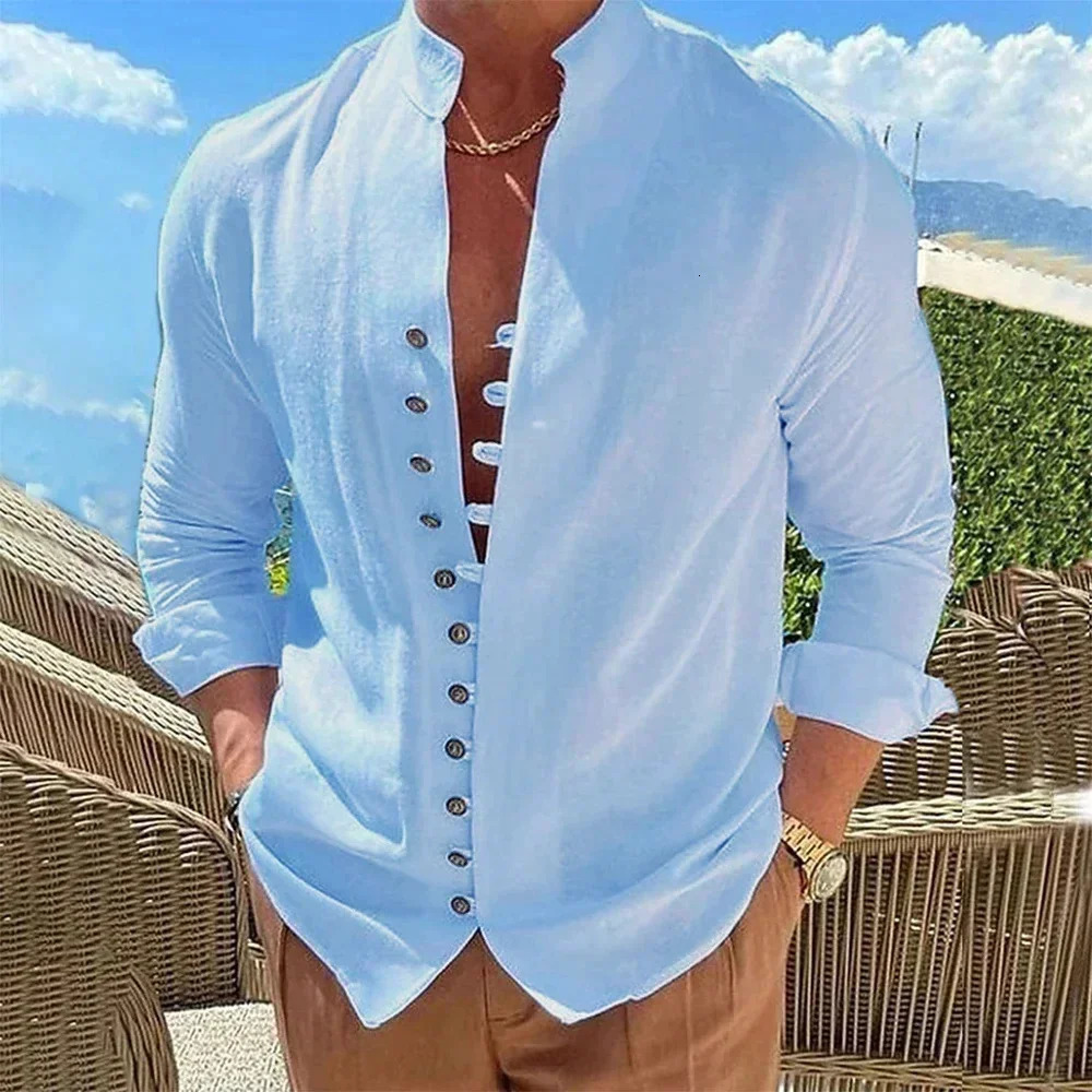 spring autumn casual shirt loose mens solid color long sleeved button up retro plus size 250427