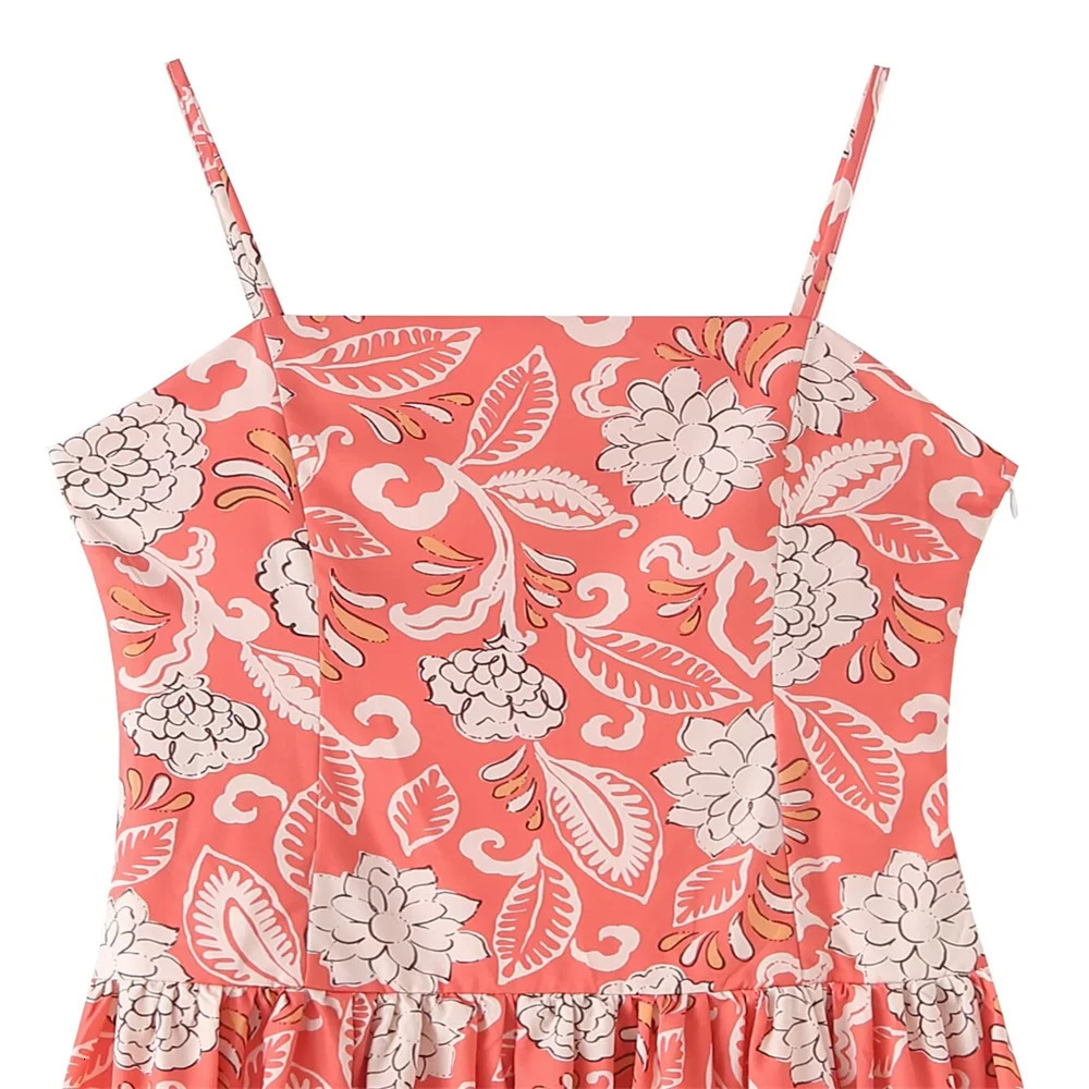 PB ZA 2025 Womens Spaghetti Strap A - Line Midi Dress with Coral and White Floral Print for a Charming Summer Look 250428