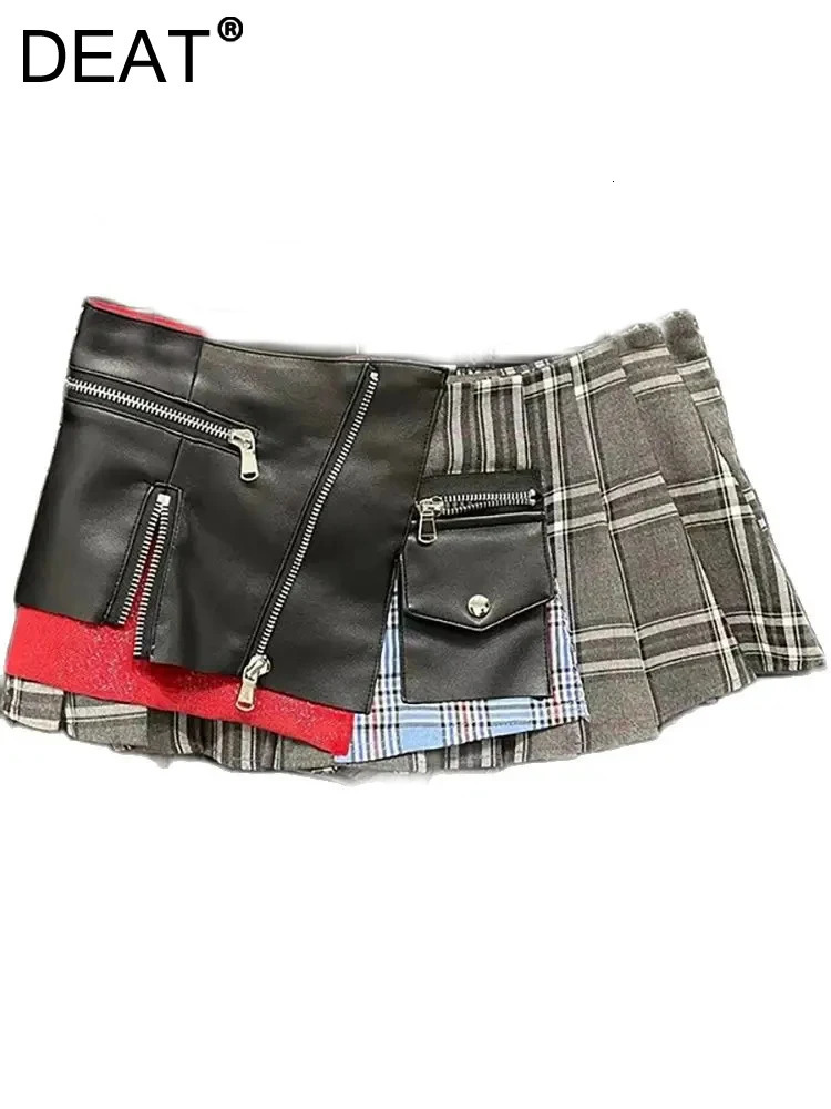 DEAT Womens Denim Skirt High Waist Pu Leather Patchwork Plaid Irregular Wrap Hip Mini Skirts 2025 Spring Fashion 29L7565 250421