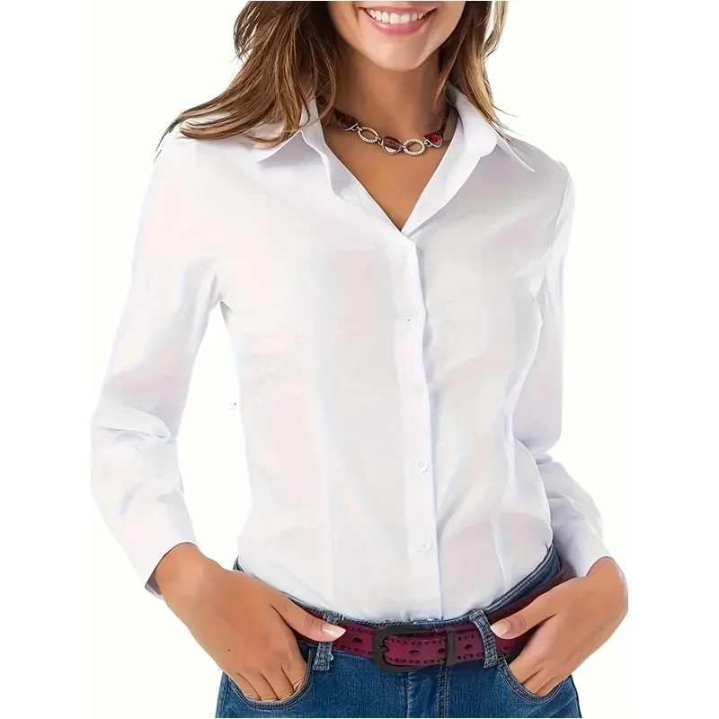 Solid button front shirt elegant long sleeved lapel suitable for spring and autumn fashion womens clothing basic top OL 250422