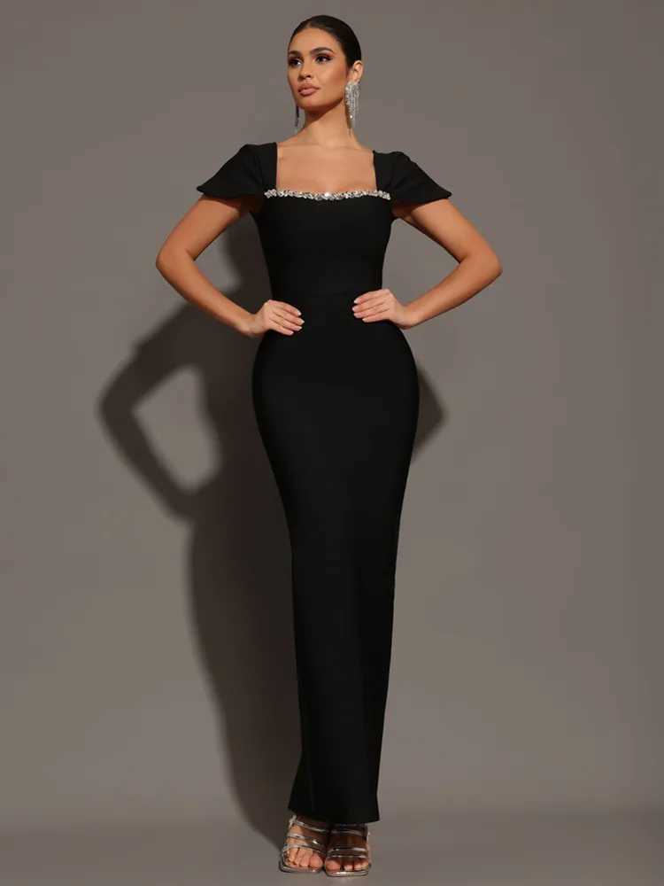 Womens Celebrity Sexy Square Collar Black Red Blue Maxi Long Belt Dress 2025 EleGant Nightclub Party Set W250430