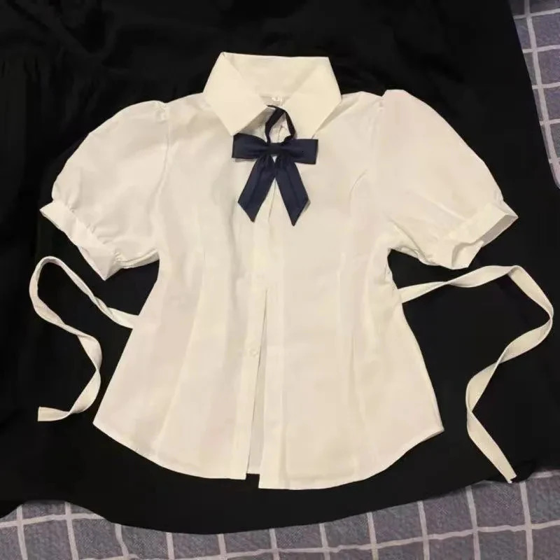 White Sweet Shirt Women Korean Fashion Preppy Style Jk Bandage Short Sleeve Shirt Ladies Summer Y2K Slim Elegant Bow Tops 250425