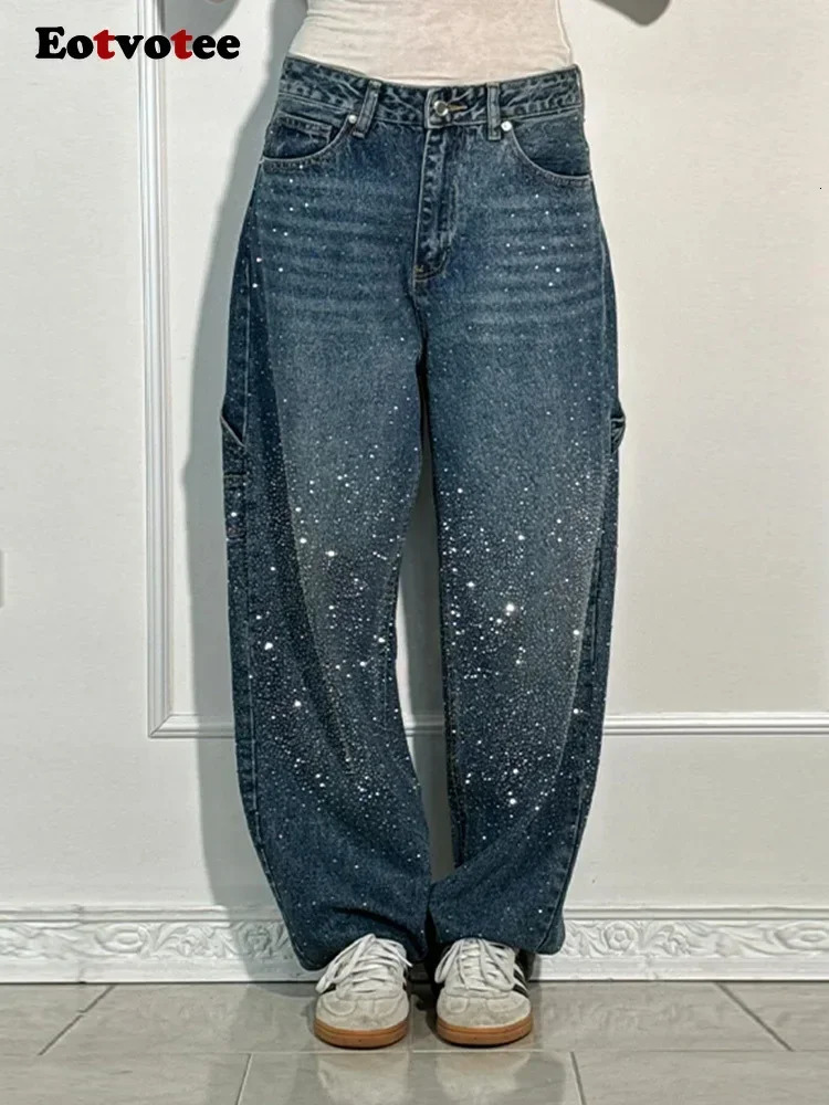 Retro Rhinestone loose jeans for women Y2K Korean fashion high waist wide leg pants casual straight 250428