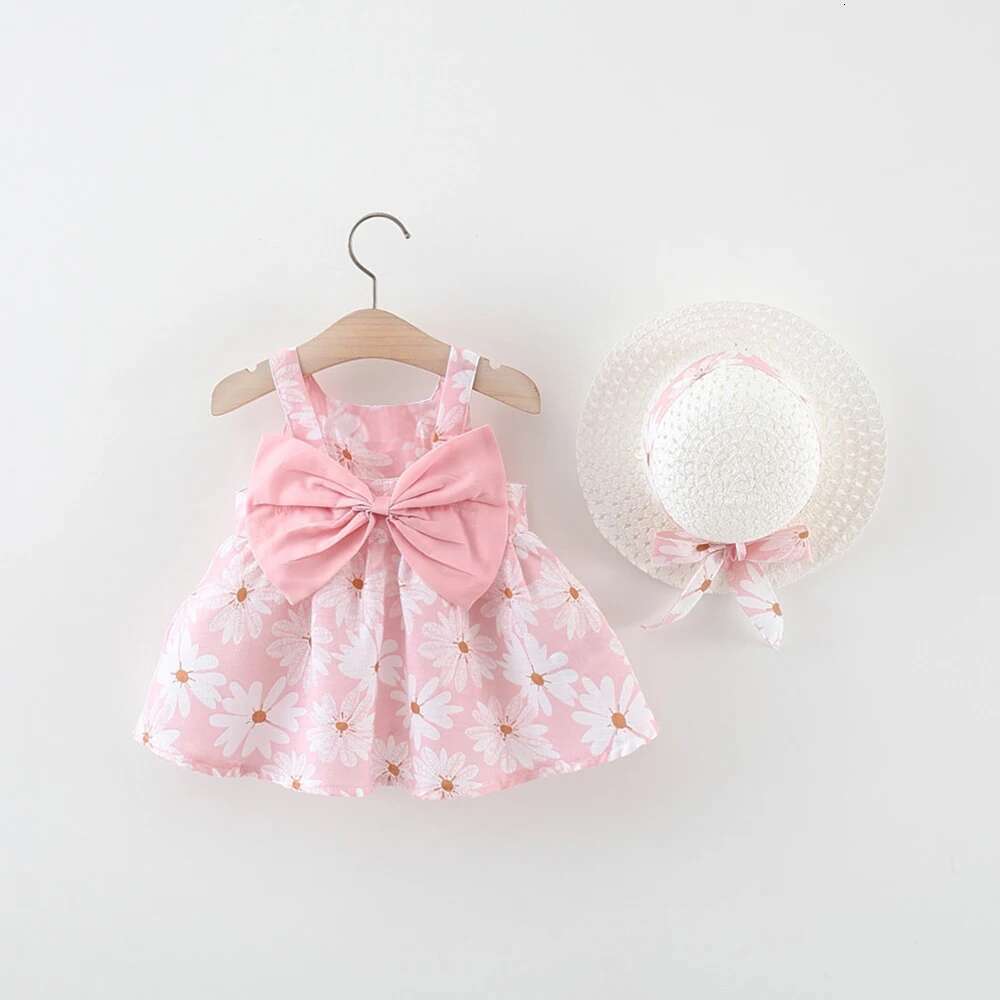 Summer 2/Piece Set Of Baby Girl Hat Girl's Big Bow Casual Cotton Print Cute Round Neck Sleeveless Dress