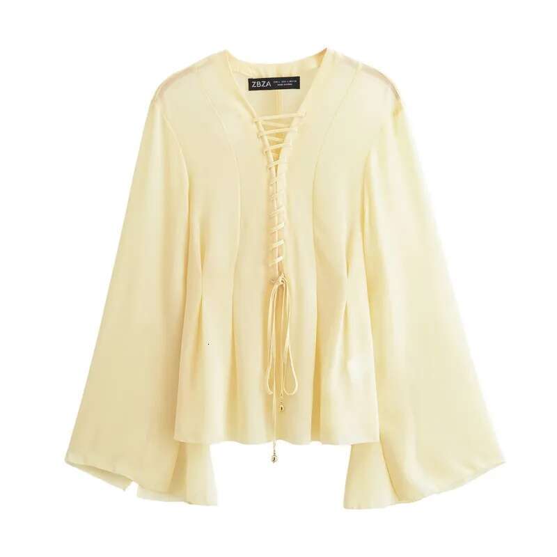 Women Chiffon With Lace Up Spring V Neck Loose Sleeve Simple Women's Blouse Lightweight Female Chic Shirts & Blouses