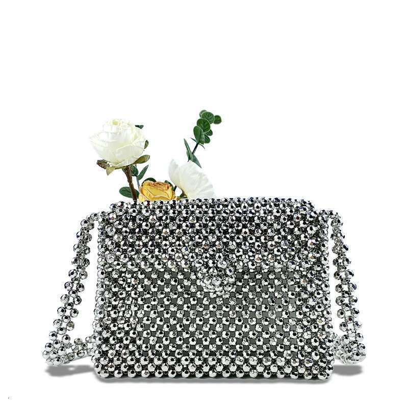 New Retro Sier Metallic Shiny And Dull Handmade Woven Beaded Pearl Flip Small Square Crossbody Bag