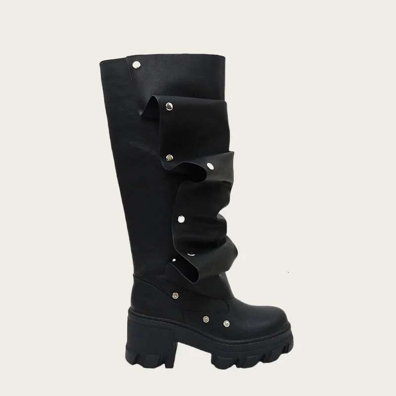 New Designer Comfortable Thick Soled Fashion Pleated Shoes Women Snap Button Mid Calf Boots