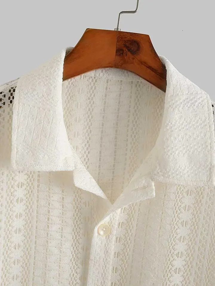 cotton open mens shirt sexy lace short sleeved shirt transparent shirt summer solid streetwear top beach shirt 250427