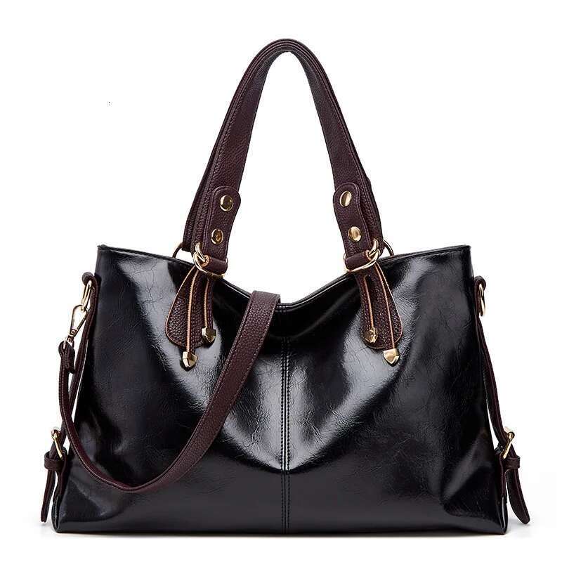 Retro Minimalist Atmosphere Large-Capacity Wide Shoulder Strap Solid Color Tote Bag, Ladies' Fashion Multi-Layered Wax Oil Leather