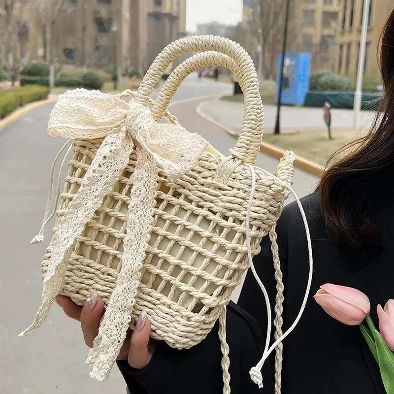 Floral Embroidery Bow Decor Straw Woven Hollow Shoulder Bucket Holiday Beach Summer Crossbody Bag Handbag