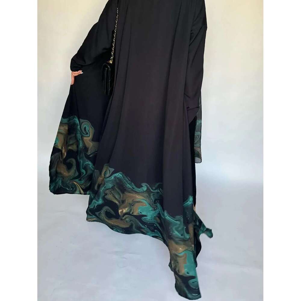 Middle Eastern Loose Open Front Abaya Muslim Full Sleeve Printed Abayas Turkey Kaftans Women Jilbabs Islamic Maxi Dresses