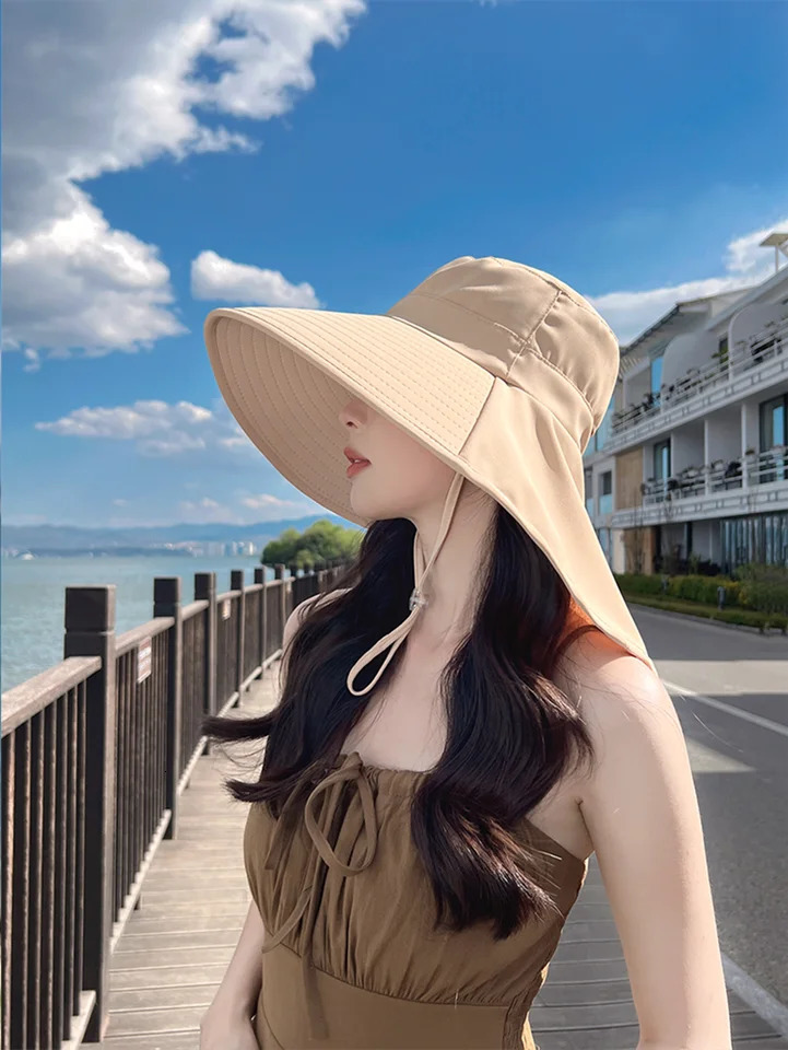 Summer Sun Hats For Women Wide Large Brim Ponytail Bucket Hat Outdoor Fishing Hiking UV Anti Neck Protect Shawl Visor Panama Cap 250430