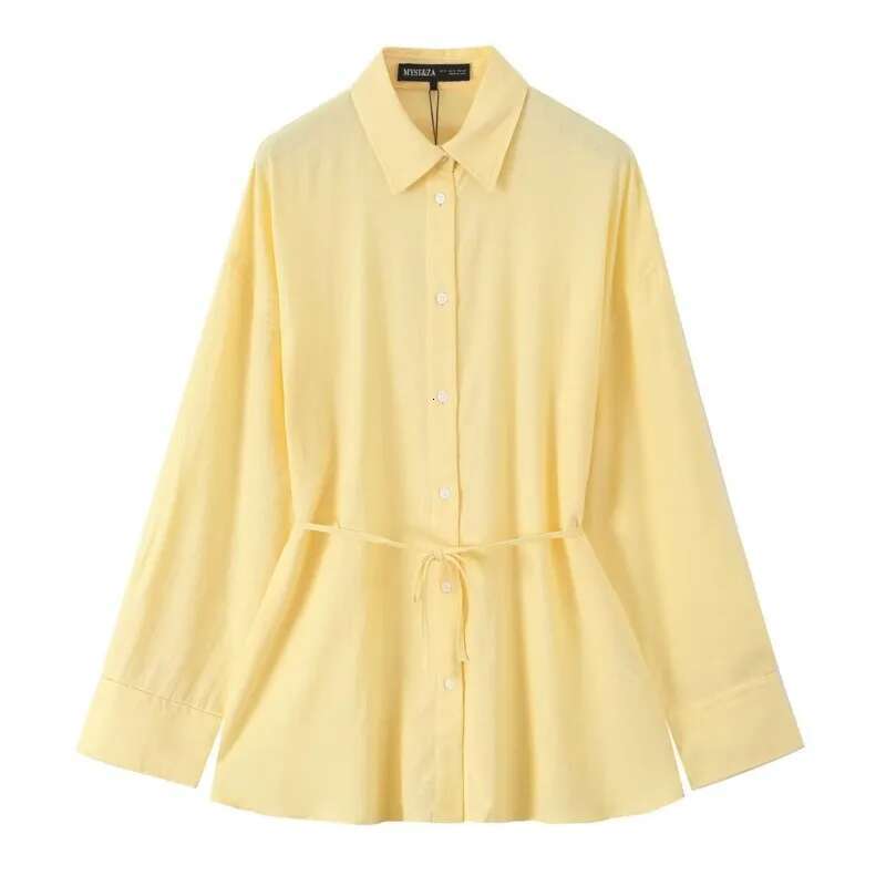 Women Oversize Shirt With Belt Spring Casual Linen Blend Long Sleeve Simple Female Women's Button Shirts & Blouse