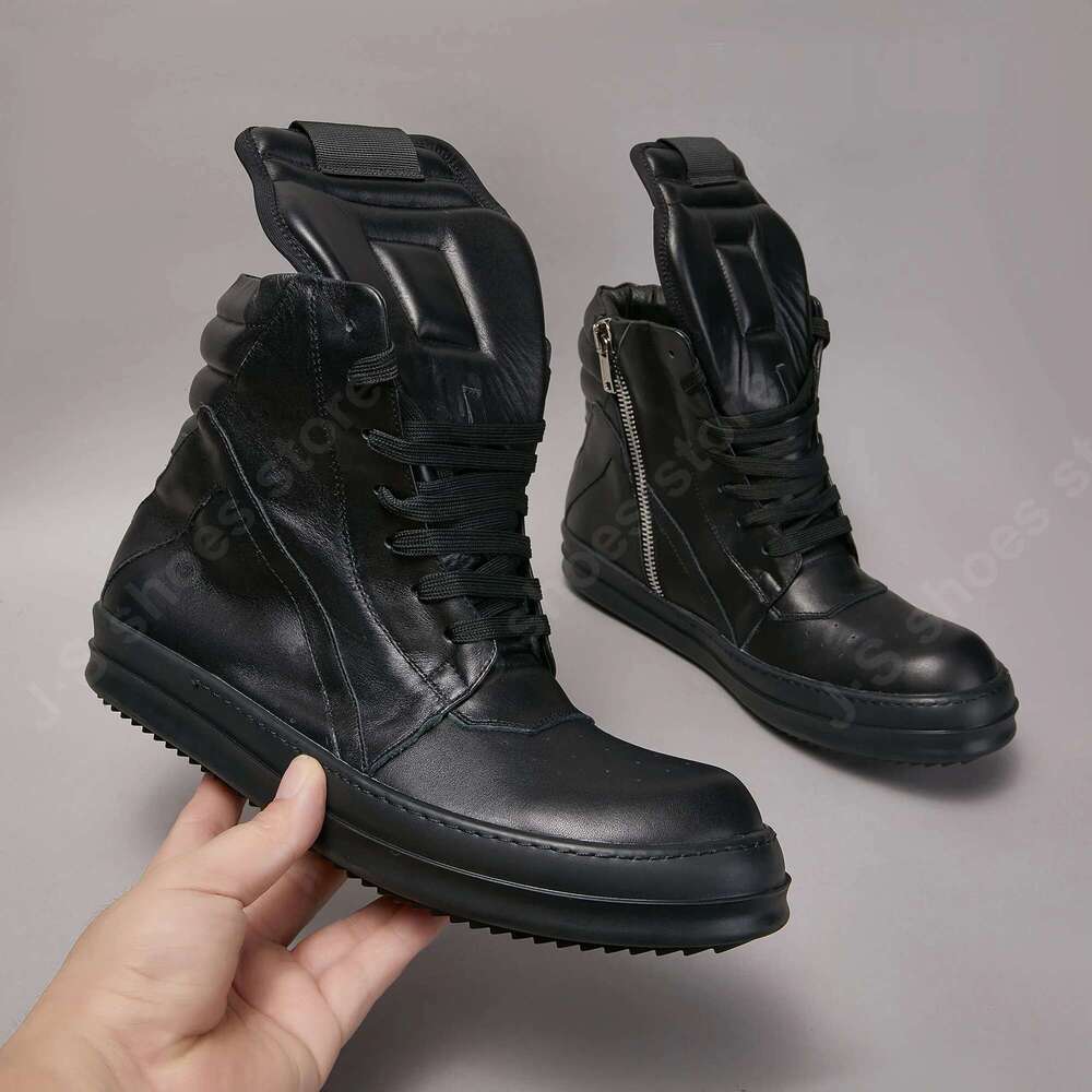 Brand Men Sneaker Women High top Full black Leather Casual Shoe Owens Boots Zipper Ankle Boot Lace Up Flat Sneakers