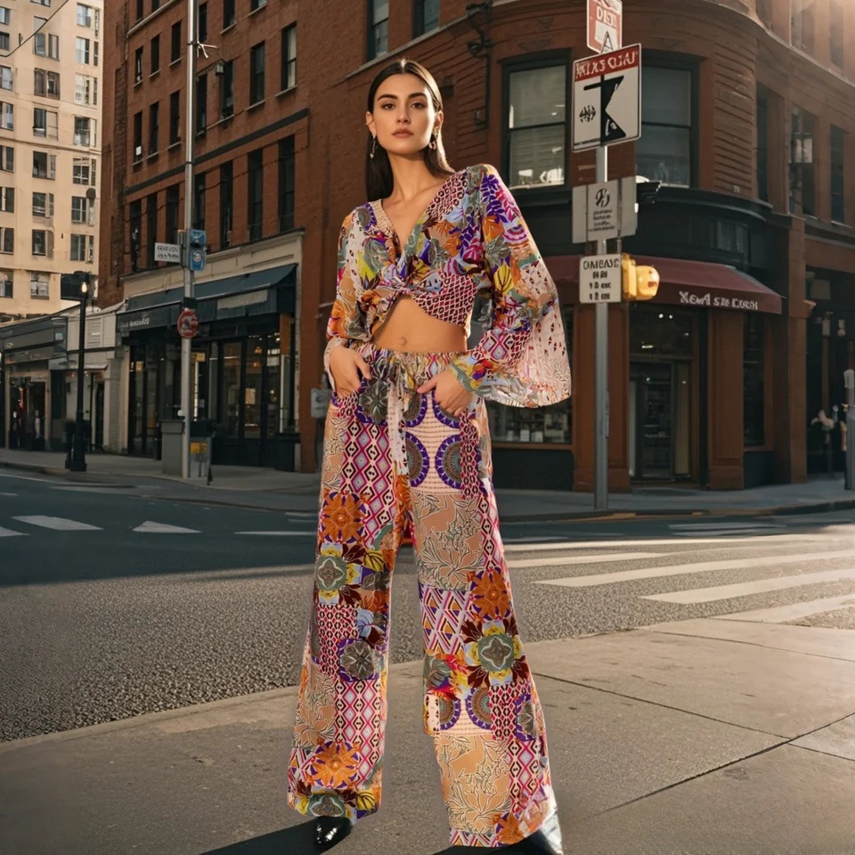 womens clothing set for featuring a brushed waist and Vbow tie with crop top Bohemian print on the front suitable daily wear 250530