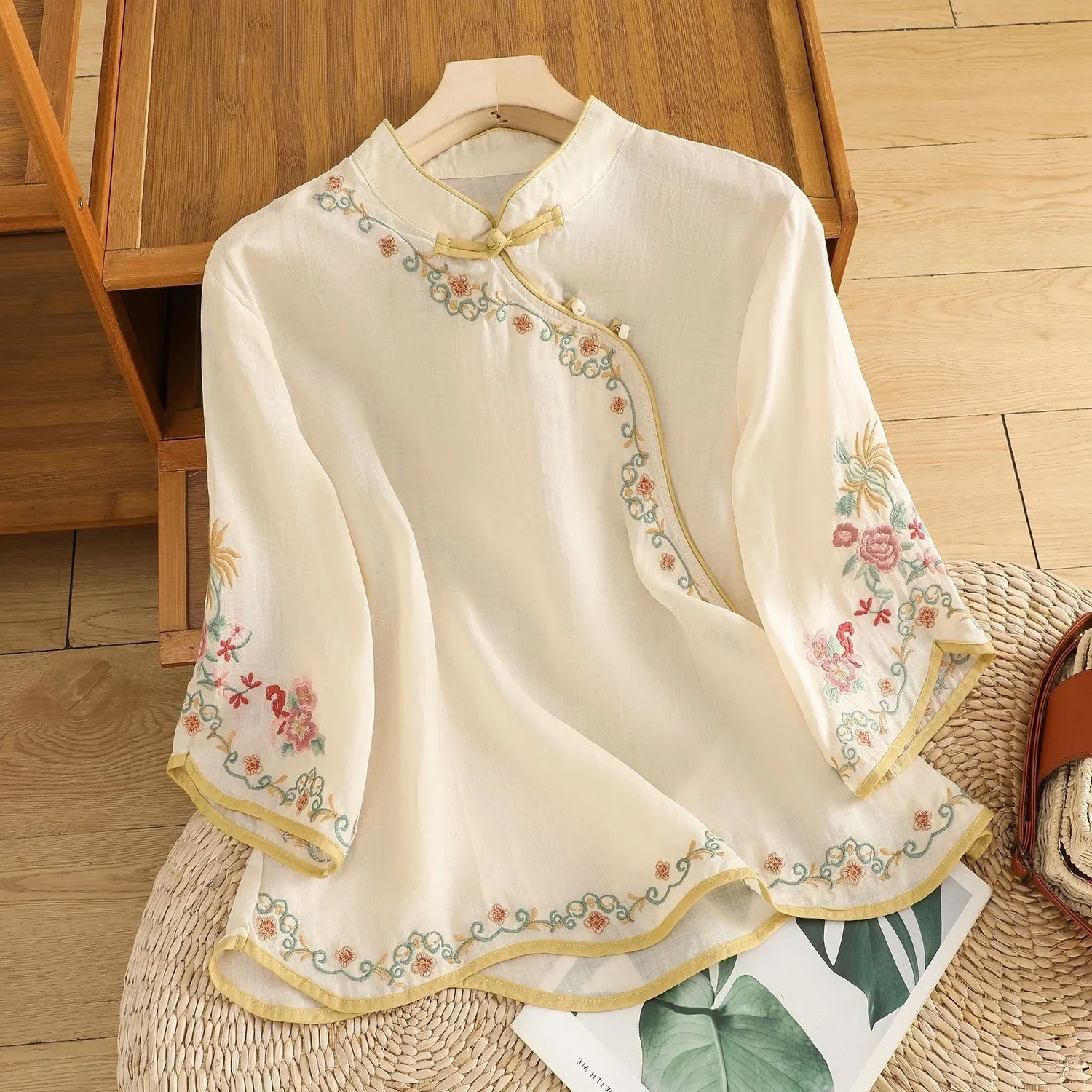 Summer art retro embroidery weight loss cotton linen womens top with buttons colorful block shaped sleeveless shirt suitable for prolonging life 25042