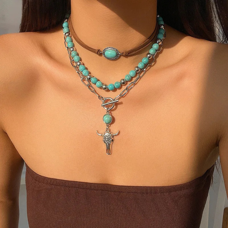Exquisite jewelry vintage turquoise necklace niche bead necklace set ethnic style cactus necklace gift 250428