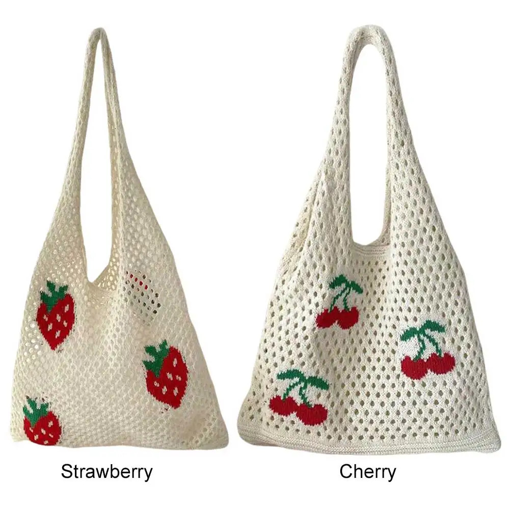 Women Fashion Strawberry Cherry Pattern Crochet Tote Bag Large Capacity Shoulder BagCasual Handbag Cute Trendy Bag Knitting Bag 250428