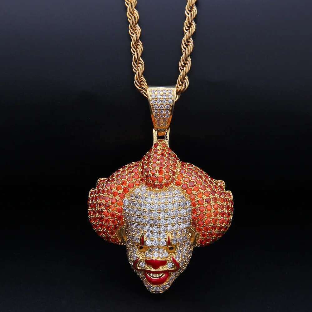 Hip-Hop Circus Clown Doll Mask Necklace Set With Zircon Colored Dripping Oil Men's Fashion Pendant Chain Cute Jewelry