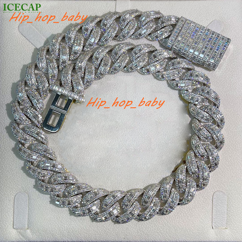 Fashion Jewelry Baguette Cut Hip Hop Design 925 Sterling Silver Cuban Link Chain VVS Moissanite Diamond Cuban Necklaces for Men