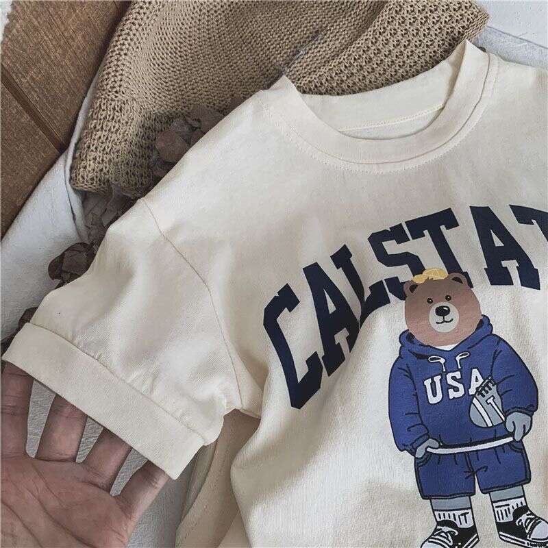 Korean New Children's Cartoon Cute Letter Short Sleeved T-Shirt Shorts Boys And Girls Two Piece Set For Thin Summer