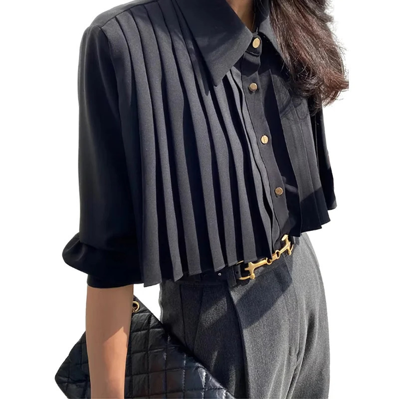 Folded black shirt heavyduty industrial chiffon polo womens Ksle spring folding short high waist fully matched top 250422