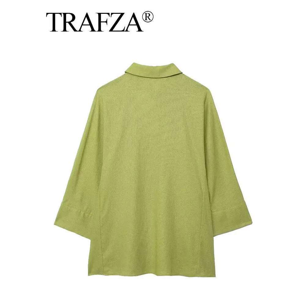 TRAFZA Women Fashion Solid Blouse Single Breasted Long Sleeve Lapel Shirts Casual Loose Female Commuting Chic Top