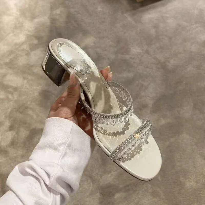 High Quality Shoes Rhinestone Slippers Thin Strap Block Heel Sandals Sexy Open Highheel Fashion Designer Women Shoe