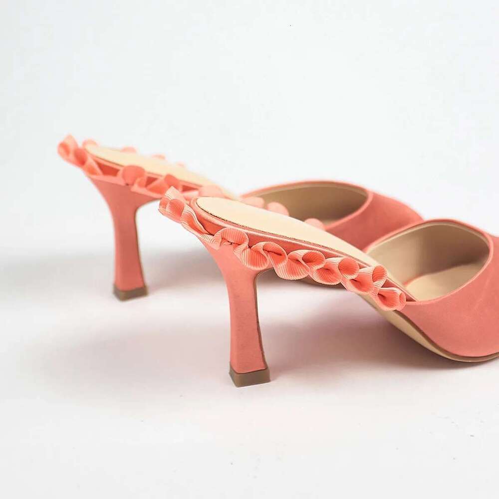 Fashion brand shoes Open toe pointed sandals Designer Lace Slippers Casual Mules Pleated satin pumps women