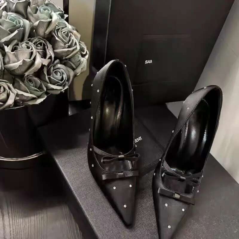 New Polka Dots Fashion Pointed Toe Women's Pumps Heel Bow Rhinestone Silk High Heels Wedding Party Shoes