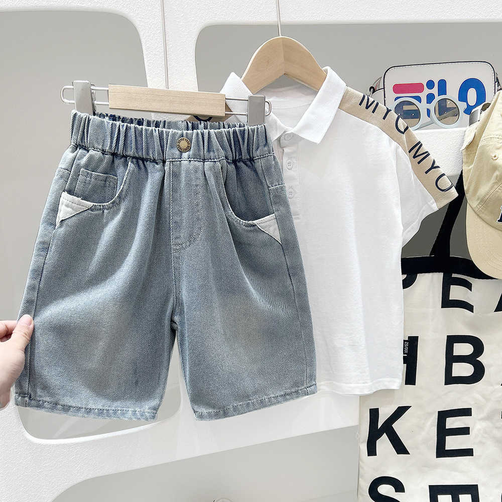 Summer 2025 Childrens Clothing Boys and Childrens Korean Version Trendy and Western-style Denim Shorts Cropped Pants Y250430N5DO