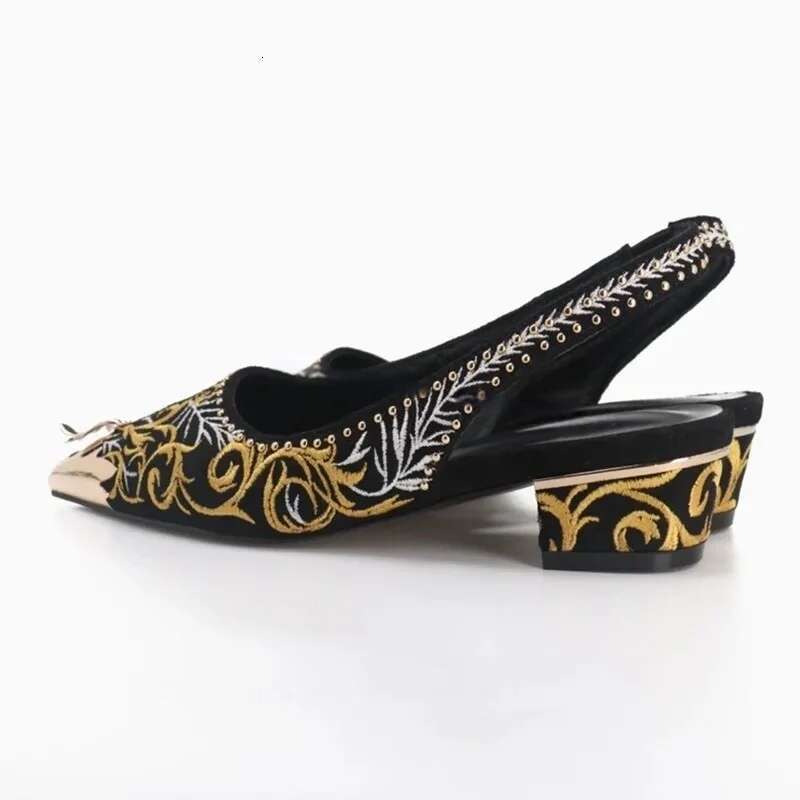 New Fashion Design Thick Heel Metal Pointed Toe Embroidered Women's Empty Back Sandals Rivet Decorated Shoes Women