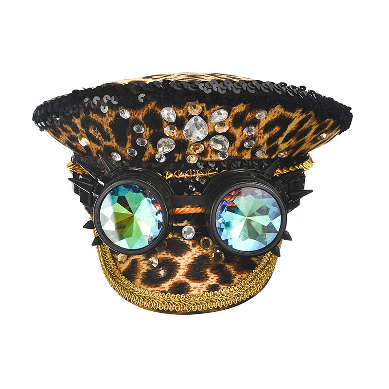 Womens Burning Man/Women Sequin Hats Cosplay Costume Retro Leopard with Glasses Fashion Men Women Handmade Steampunk Top Caps 250430