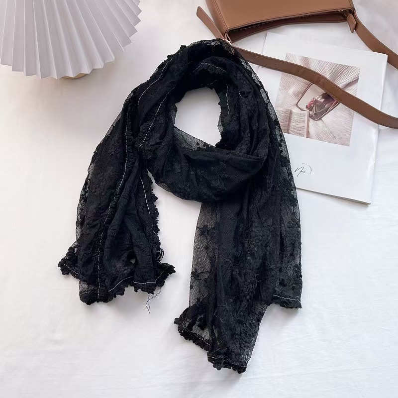 T602 retro hollow lace scarf female shawl silk scarf transparent white gauze scarf embroidery thin cotton and linen spring and autumn
