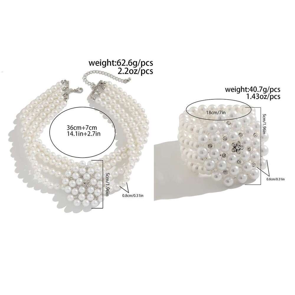 Ingemark 2Pcs Elegant Multilayer Imitation Pearl Chain Necklace Bracelet Women Wed Bridal Flower Choker Aesthetic Jewelry Set