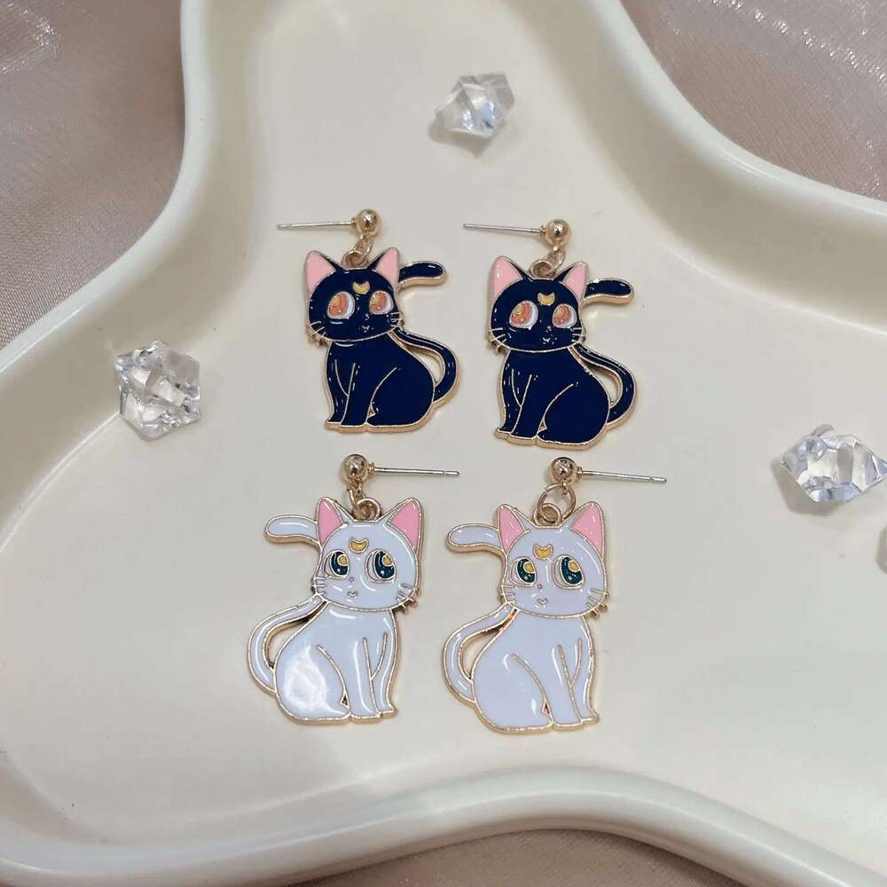 Anime Cute Drop Earrings Kawaii Cartoon Moon Cat Pendant Jewelry For Women Korean Fashion Enamel Design Accessories