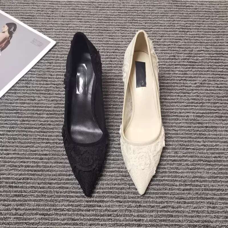 Fashionable Women Stilettos Lace Breathable High Heels Sexy Pointed Mesh Shallow Sandals Elegant Wedding Shoes Slip on Sho