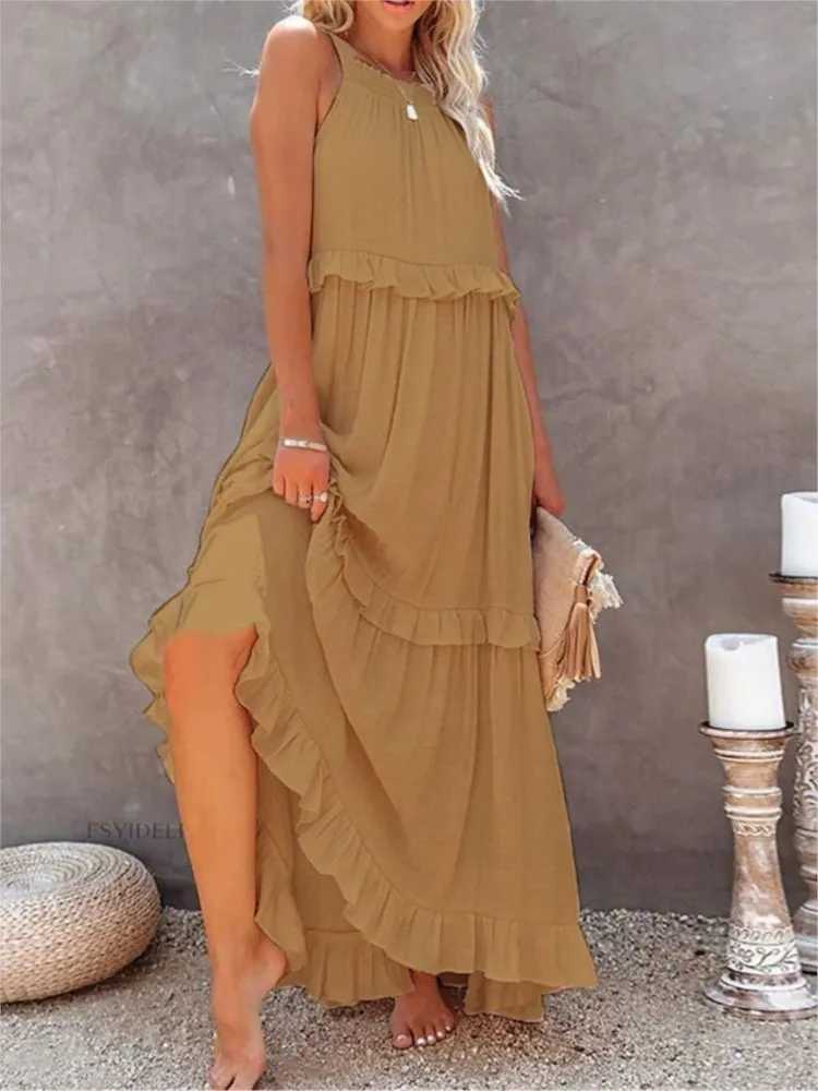 Womens Spring/Summer New Collection Solid Color Vacation Style Fashion Ruffle Long Leather Display Beach Skiing W250430