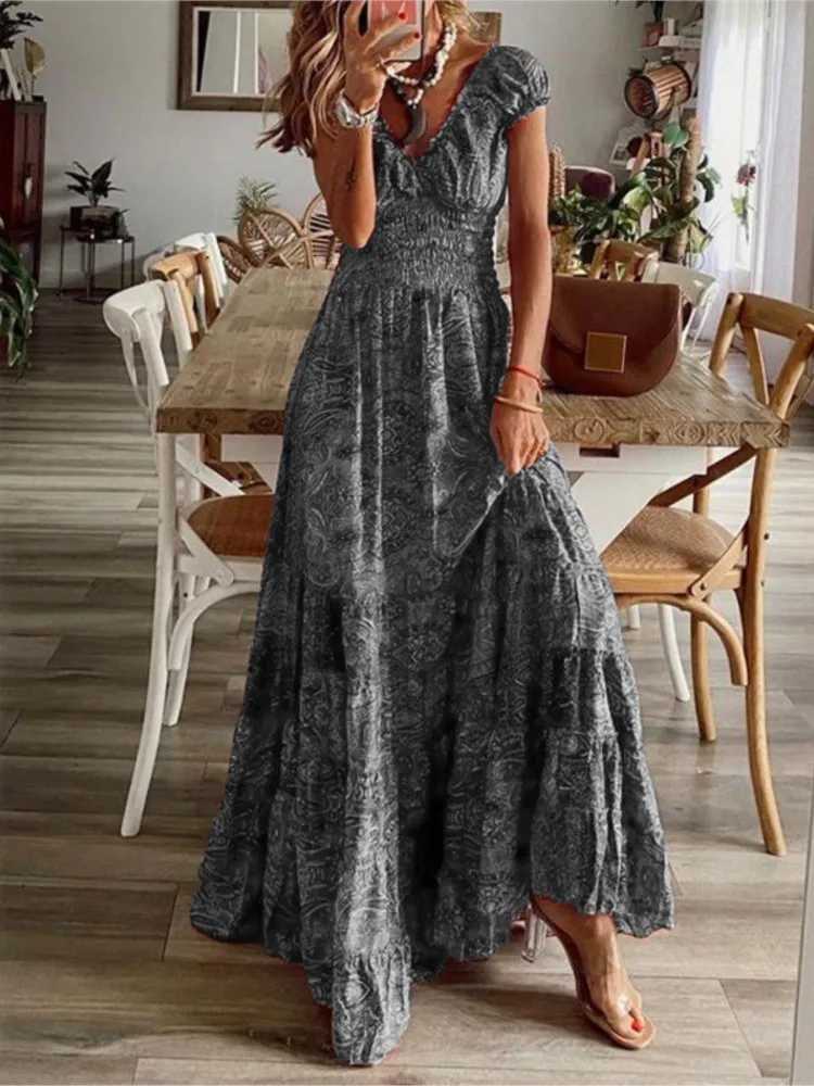 Womens summer new ethnic style printed dress short sleeved waist dress fashionable floral petal sleeves big hem A-line dress W250430