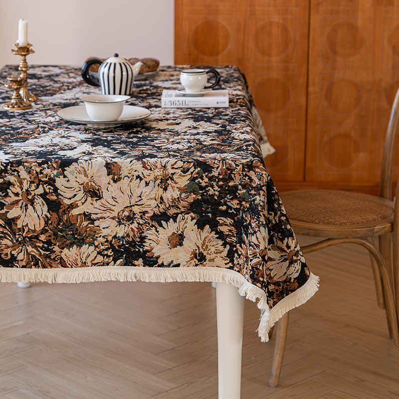 D37 American retro romantic oil painting style tablecloth linen fabric waterproof coffee table cloth pastoral style high-grade jacquard cover cloth