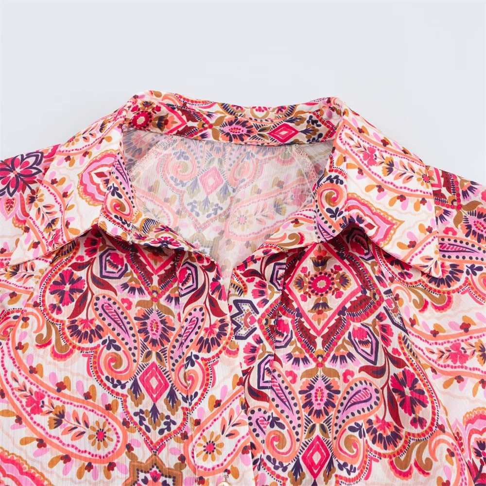 BM MD ZA Womens Long Sleeve Skirt with Classic Collar Full Pink Paisley Print and Fashionable Brown Belt W250430