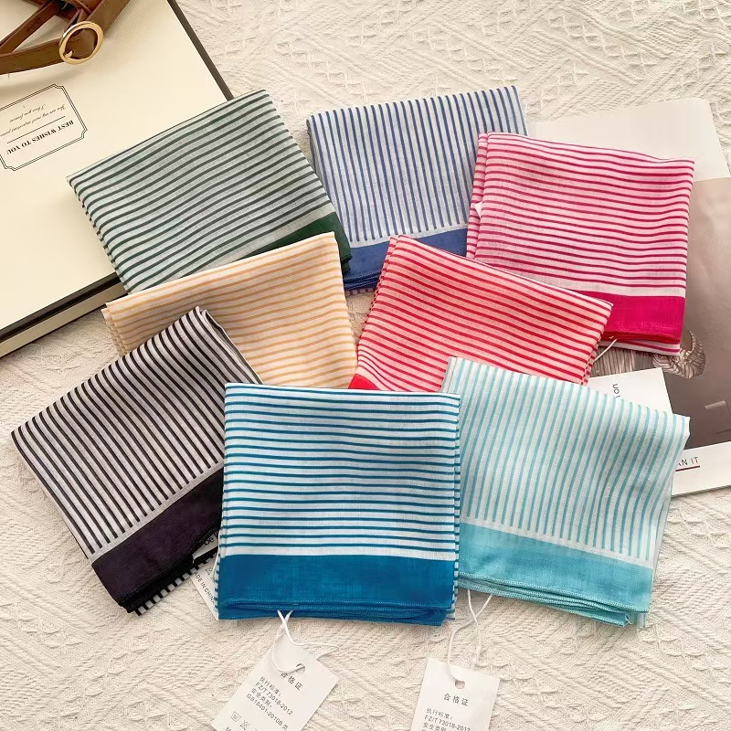 T609 Retro Art Striped Cotton Small Silk Scarf Women Korean Style All-match Fashion Small Scarf Thin Ribbon Neck Scarf